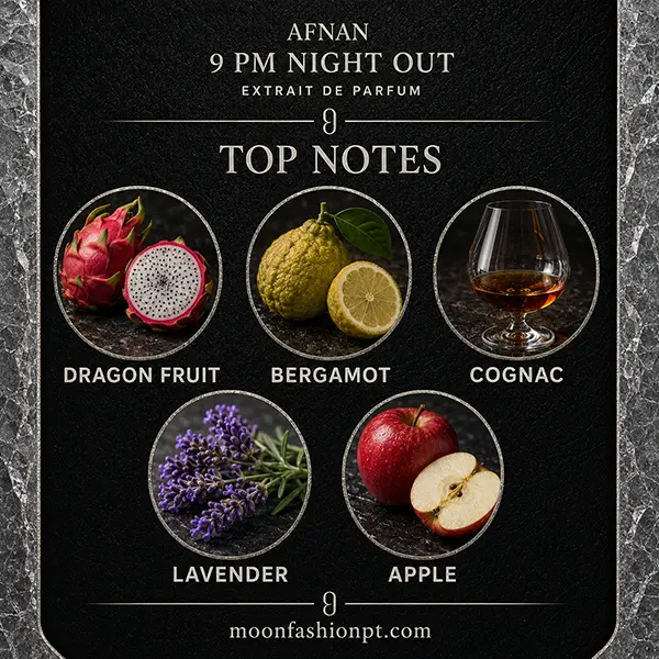 Dragon fruit, bergamot, cognac, lavender and apple displayed in the Afnan 9PM Night Out top notes guide.