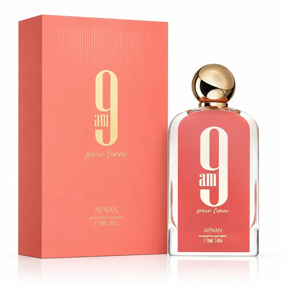 Elegant presentation of Afnan 9 AM Pour Femme 100ml bottle for premium fragrance collectors.