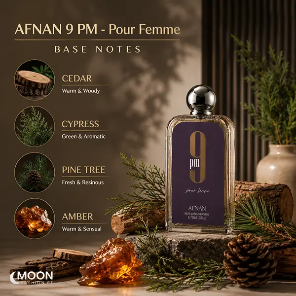 Deep woody base notes breakdown for Afnan 9 PM Femme including cedar, pine, and amber.