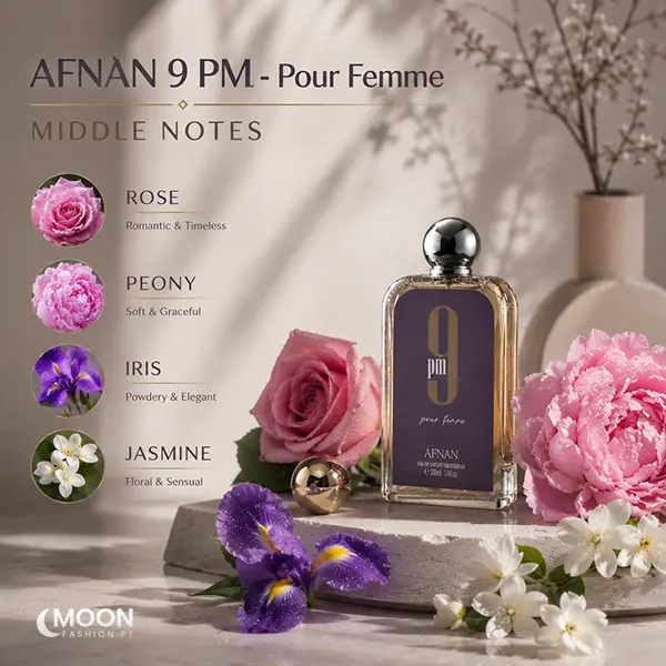 Heart note fragrance composition of Afnan 9 PM Femme featuring rose, peony, iris, and jasmine.
