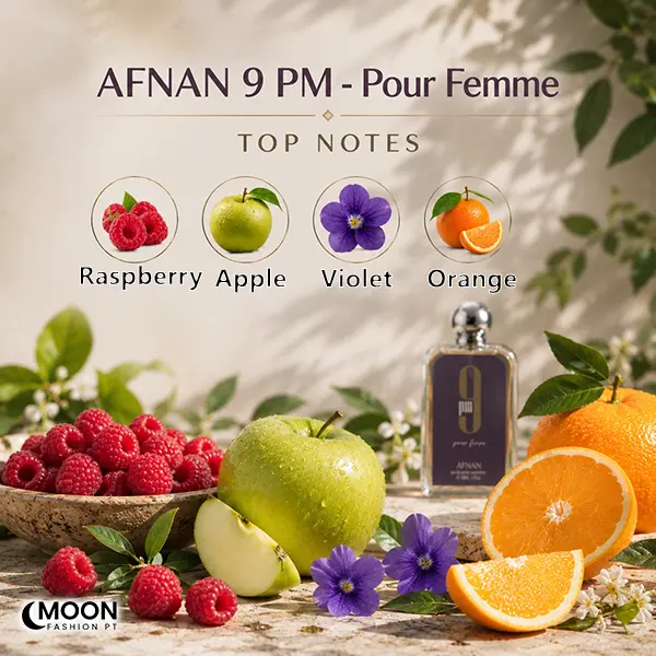 Olfactory profile graphic showing the vibrant raspberry and apple top notes of Afnan 9 PM Femme.