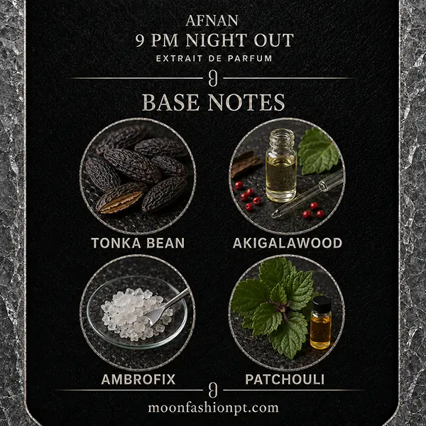 Tonka bean, Akigalawood, Ambrofix and patchouli displayed in the Afnan 9PM Night Out base notes guide.