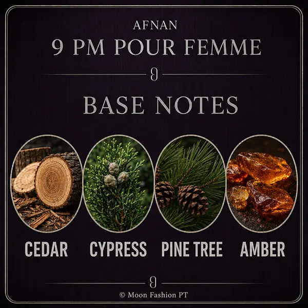 Afnan 9 PM Pour Femme base-note graphic showing cedar, cypress, pine tree and amber.
