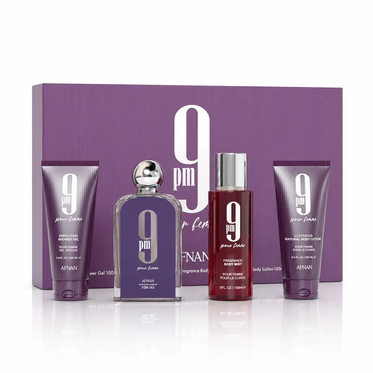 Complete Afnan 9 PM Pour Femme four-piece gift set presented with the purple box.