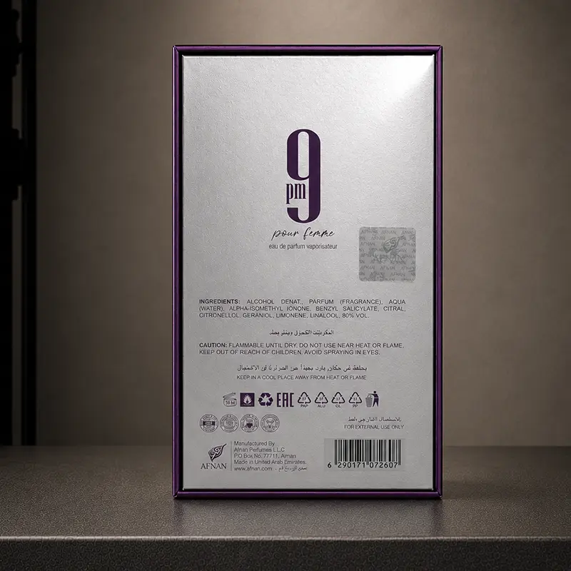 Rear view of the Afnan 9 PM Femme luxury packaging box detailing official specifications.