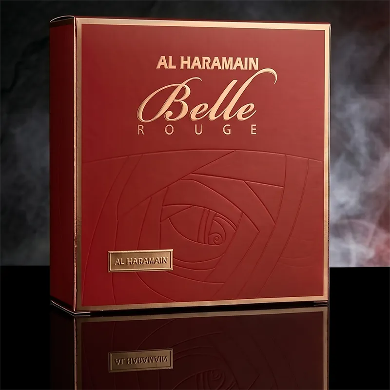 Luxury red and gold embossed packaging box for Al Haramain Belle Rouge 75ml Eau de Parfum for women.