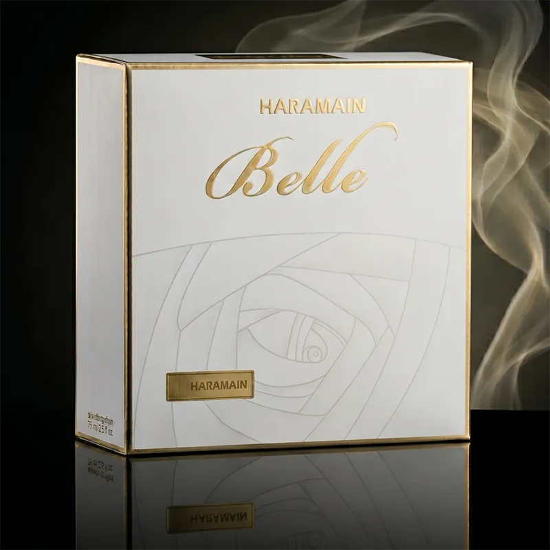 Al Haramain Belle women perfume packaging box featuring elegant white rose design and gold detailing.