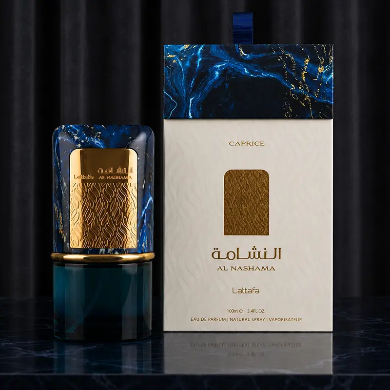 Front facing display of the Lattafa Al Nashama Caprice fragrance and its sophisticated European styled box.