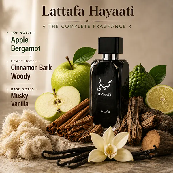 Lattafa Hayaati fragrance composition highlighting apple, bergamot, cinnamon, musk and vanilla notes