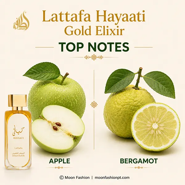 Fresh opening notes of Hayaati Gold Elixir featuring crisp apple and bright bergamot nuances