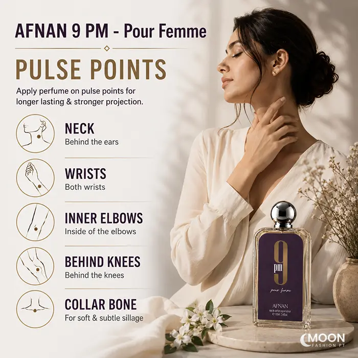 Ideal pulse point application guide to maximize the longevity of Afnan 9 PM Pour Femme.