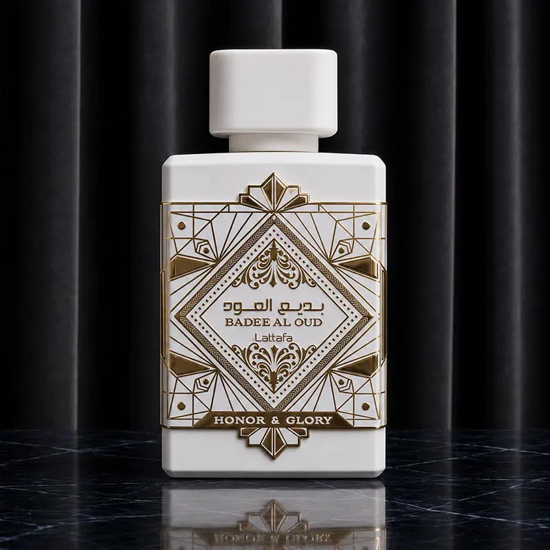 Front view of Bade'e Al Oud Honor & Glory 100ml spray bottle with gold Arabic calligraphy plaque.