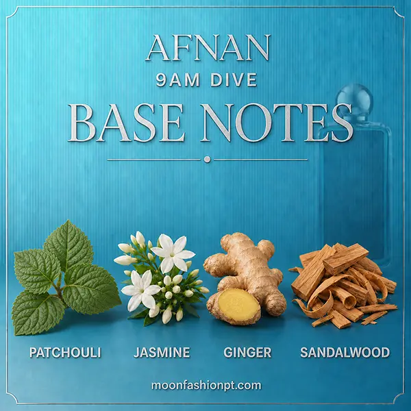 Patchouli, jasmine, ginger and sandalwood displayed as the base notes of Afnan 9AM Dive.