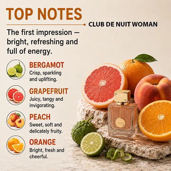 Bright citrus opening of Armaf Club De Nuit Woman creates a refreshing European fragrance trail.