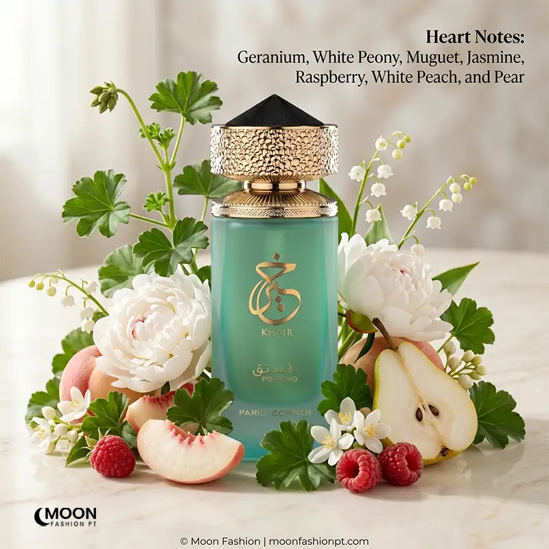 Heart notes of Khair Pistachio featuring fresh peonies and raspberries for a vibrant unisex floral profile.