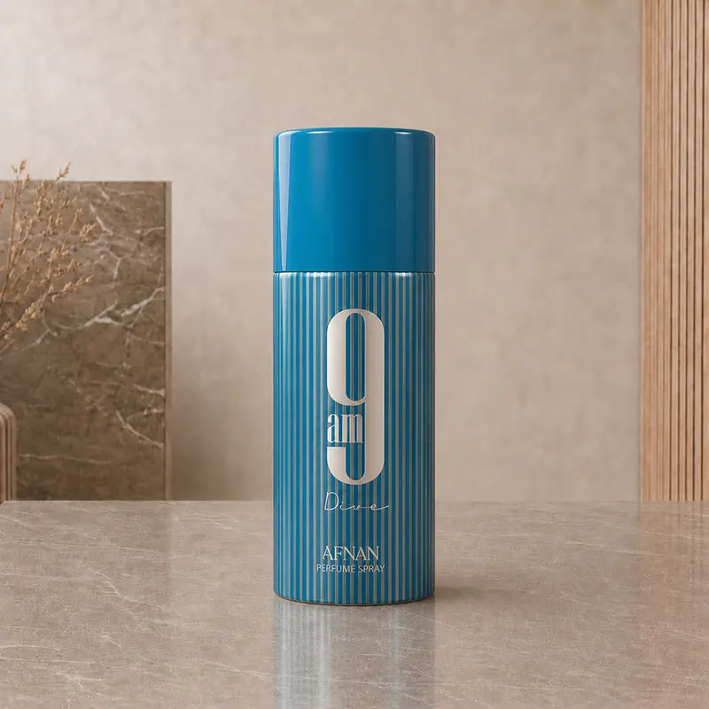 Cylindrical blue Afnan 9AM Dive perfumed deodorant spray 150 ml with silver ribbed detailing.
