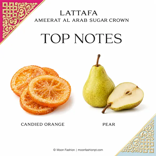 Candied orange slices and a pear with a cut half represent Sugar Crown's top notes.