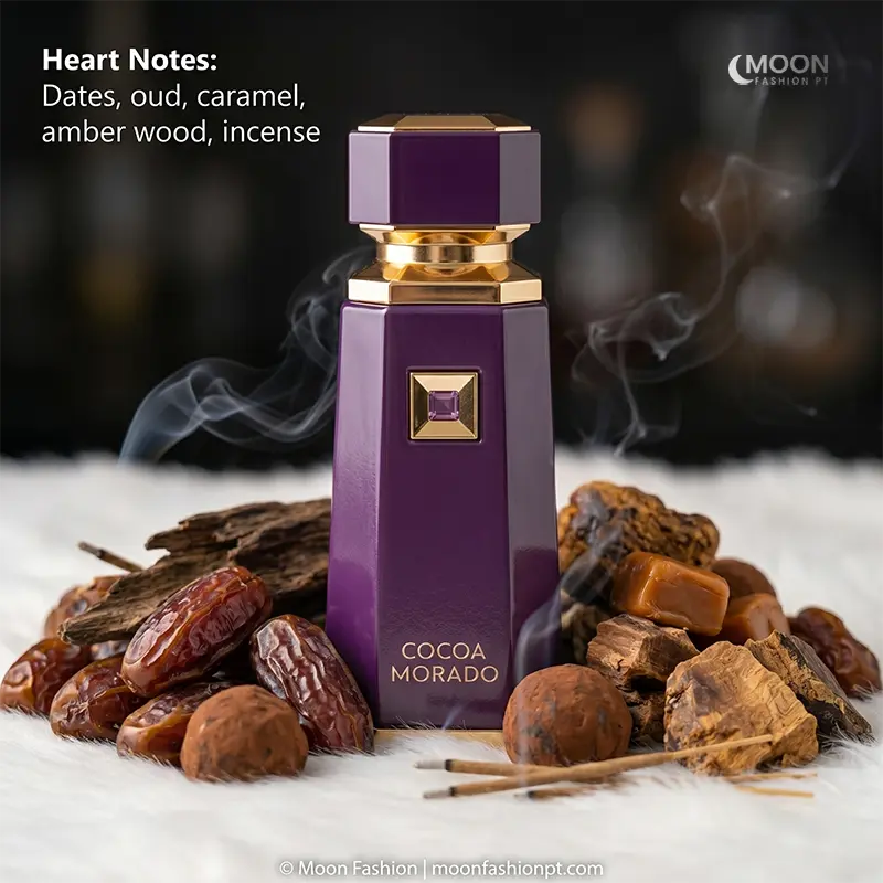 Exotic heart notes of Cocoa Morado including amber wood, oud, and sweet dates for a warm, captivating fragrance profile.