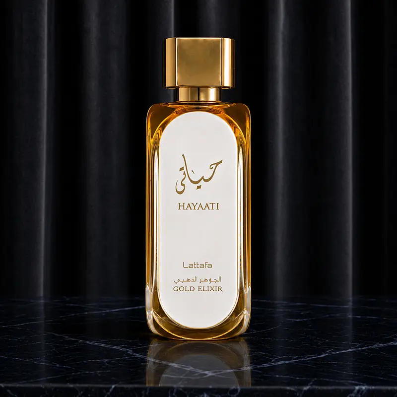 Elegant bottle design displaying clear glass texture with polished golden cap and finishing details