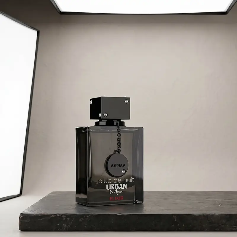 Premium black glass flacon showcasing Armaf Urban Elixir EDP, an exclusive European release.
