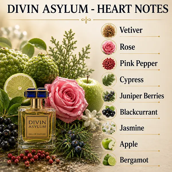 Olfactory profile graphic of Divin Asylum featuring rose, vetiver, blackcurrant and pink pepper notes.