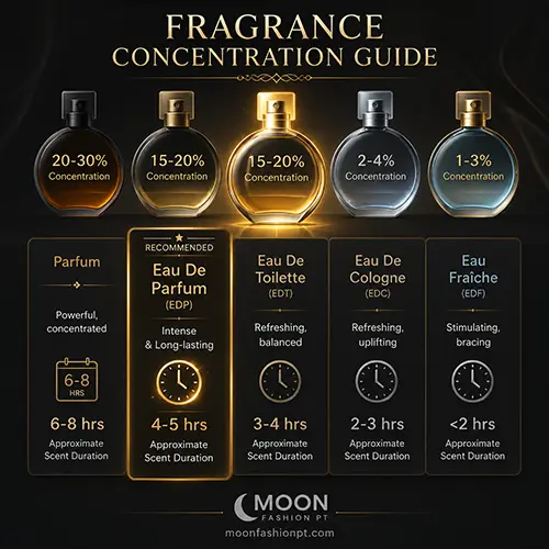 Educational chart explaining perfume concentration levels and expected fragrance duration