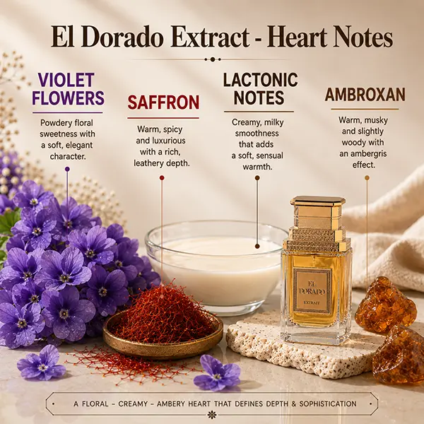 Olfactory profile graphic showing the saffron, violet, and lactonic heart notes of El Dorado.