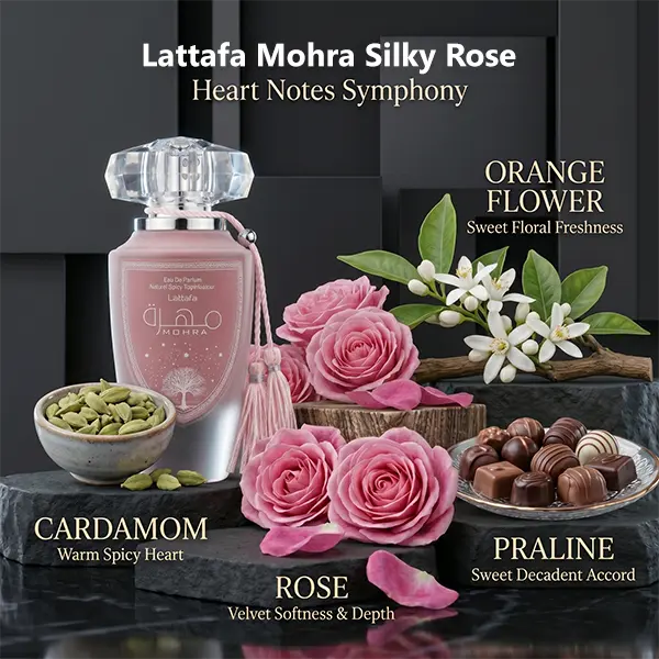 Heart notes composition of Lattafa Mohra Silky Rose displaying rose, cardamom, orange flower, and praline elements.