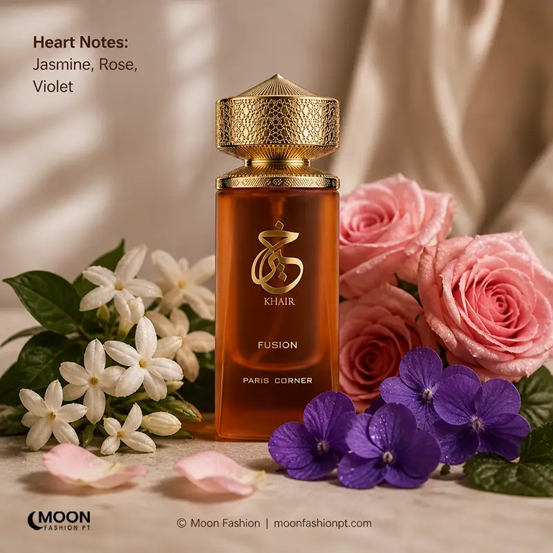 Floral heart notes featuring jasmine and rose in the enchanting Paris Corner Khair Fusion fragrance for women.