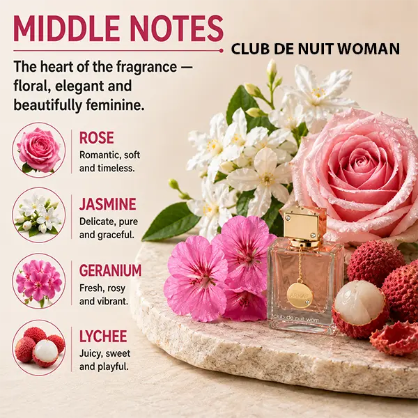 The floral heart of Armaf Club De Nuit Woman offers a sophisticated European sillage.