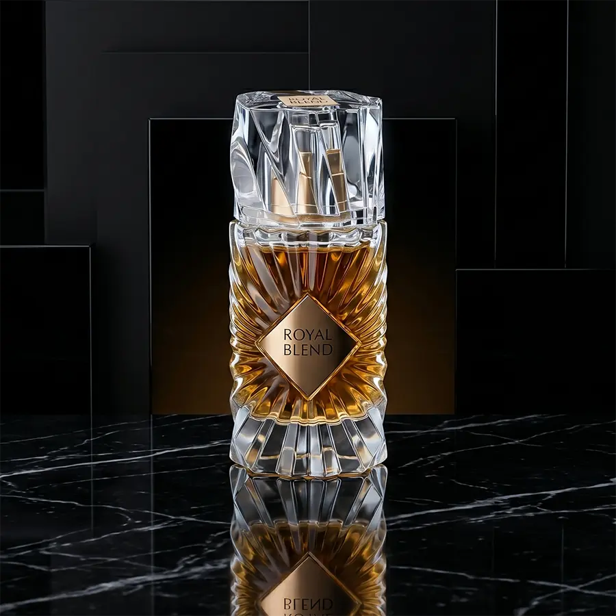 Exquisite amber bottle of French Avenue Royal Blend Extrait de Parfum, a premium addition to any collection.