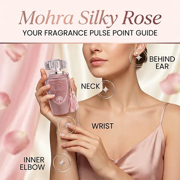 Visual guide showing optimal pulse point application areas for long-lasting wear of Lattafa Mohra Silky Rose.