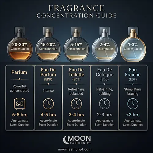 Visual guide explaining fragrance concentration levels, comparing Parfum, EDP, EDT, and EDC scent durations.