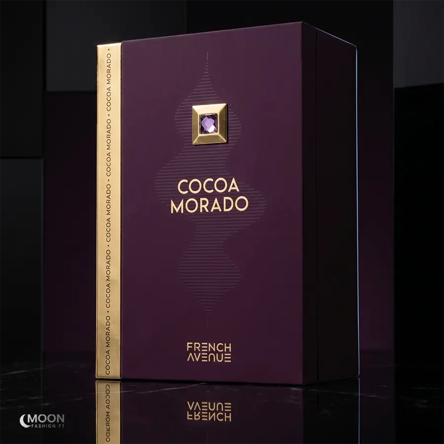 Authentic velvet-finish packaging of Cocoa Morado by French Avenue, showcasing the elegant gold-trimmed luxury box design.