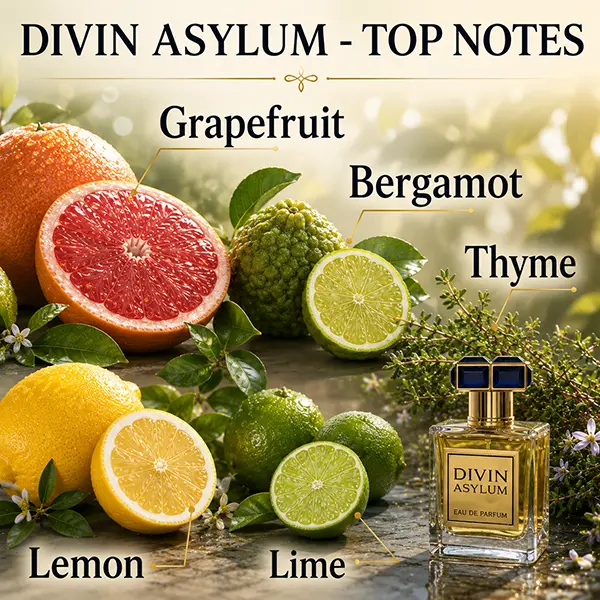 Top notes graphic of Divin Asylum with grapefruit, bergamot, lime and lemon fragrance accords.