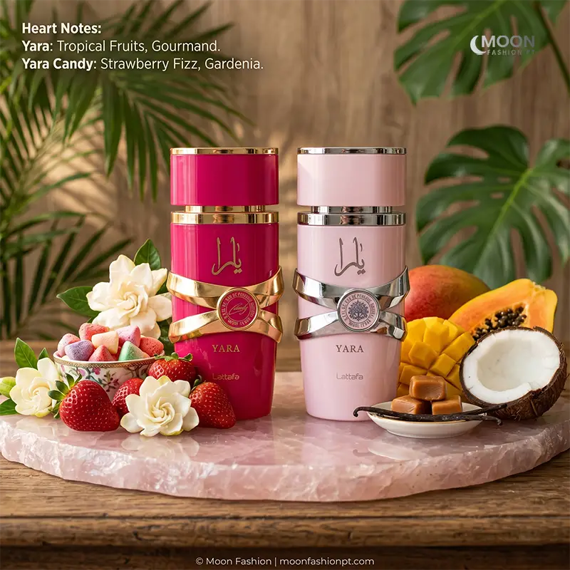 Heart notes of tropical fruits and strawberry fizz candy highlight the sweet profile of Lattafa Yara for women.