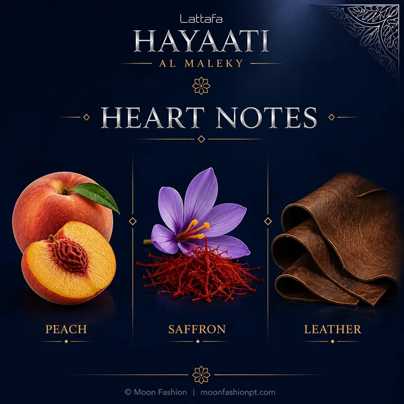 Peach, saffron and leather notes creating the elegant heart of Hayaati Al Maleky