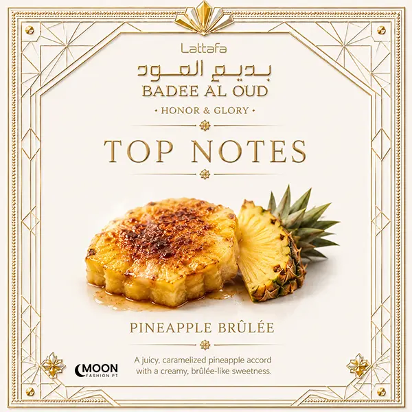 Top note presentation highlighting a slice of caramelized, juicy pineapple brûlée with burnt sugar crust.