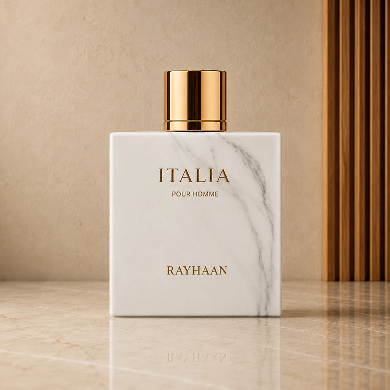 Front view of the Rayhaan Italia bottle with white marble-style finish and gold cap.