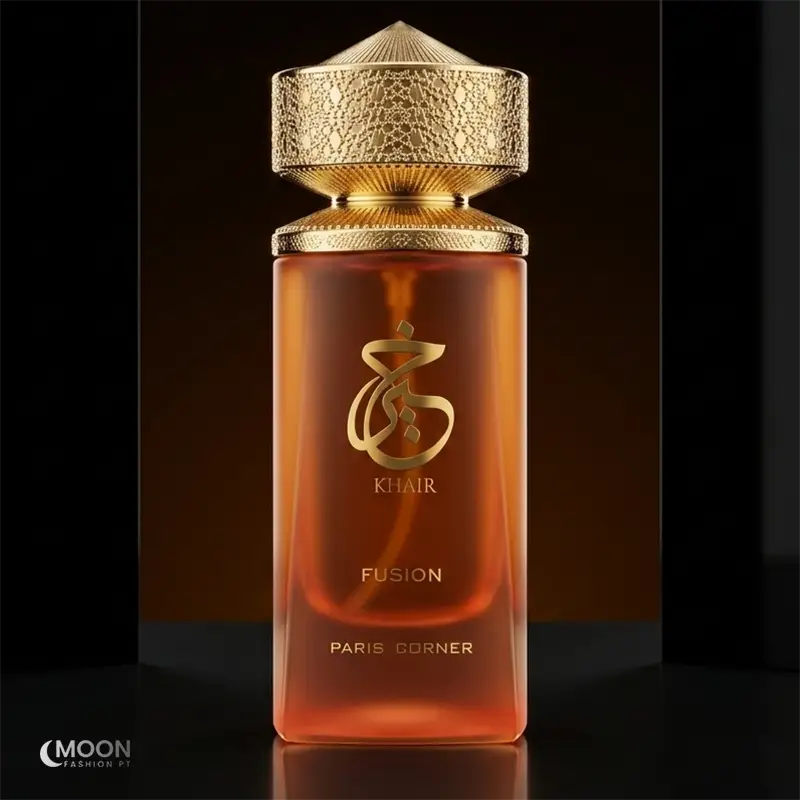 Luxury glass bottle with an intricate golden cap, showcasing the sophisticated Khair Fusion perfume by Paris Corner.