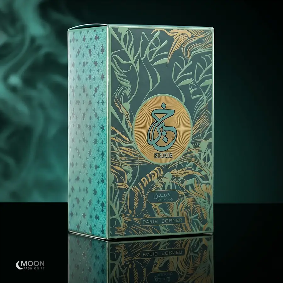 Detailed view of the ornate gold and green luxury packaging for Khair Pistachio, a sophisticated unisex perfume.
