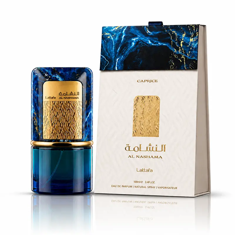 Lattafa Al Nashama Caprice 100ml parfum standing gracefully beside its marbled presentation box.