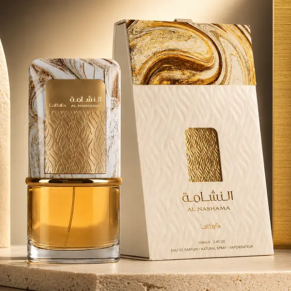 Textured packaging displaying the elegant marbled design of Lattafa Al Nashama for women and men.