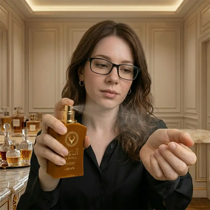 Demonstrating the fine mist spray of the perfume on the wrist for long-lasting fragrance application.