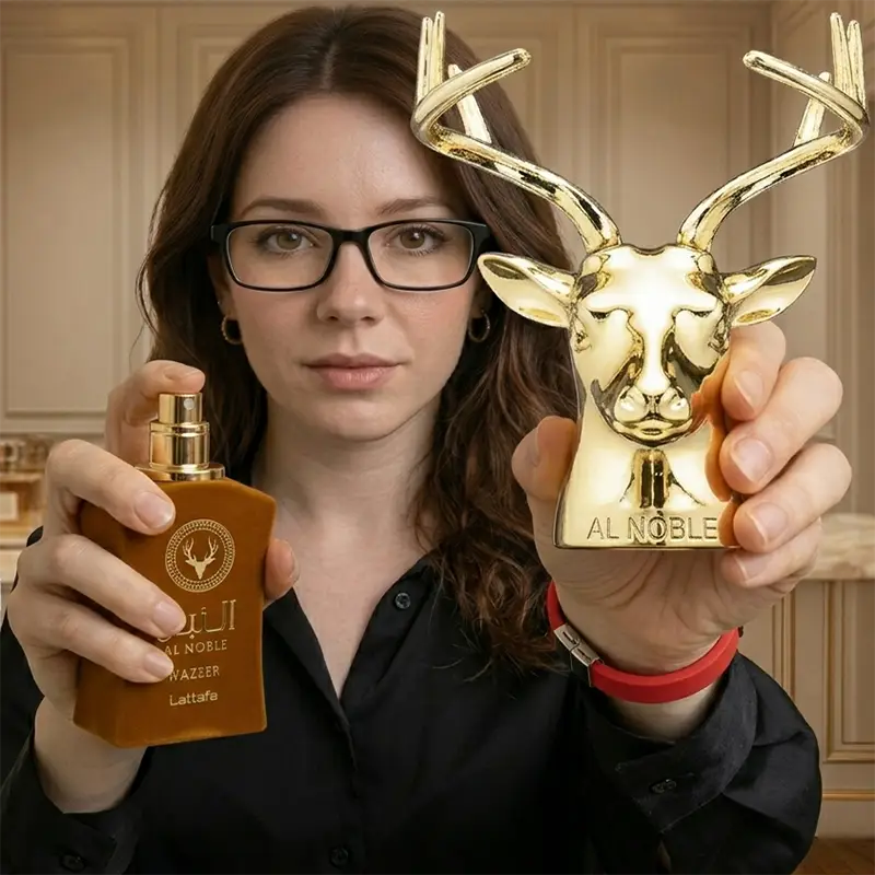 Detailed view of the iconic gold stag head cap being removed from the Al Noble Wazeer spray nozzle.