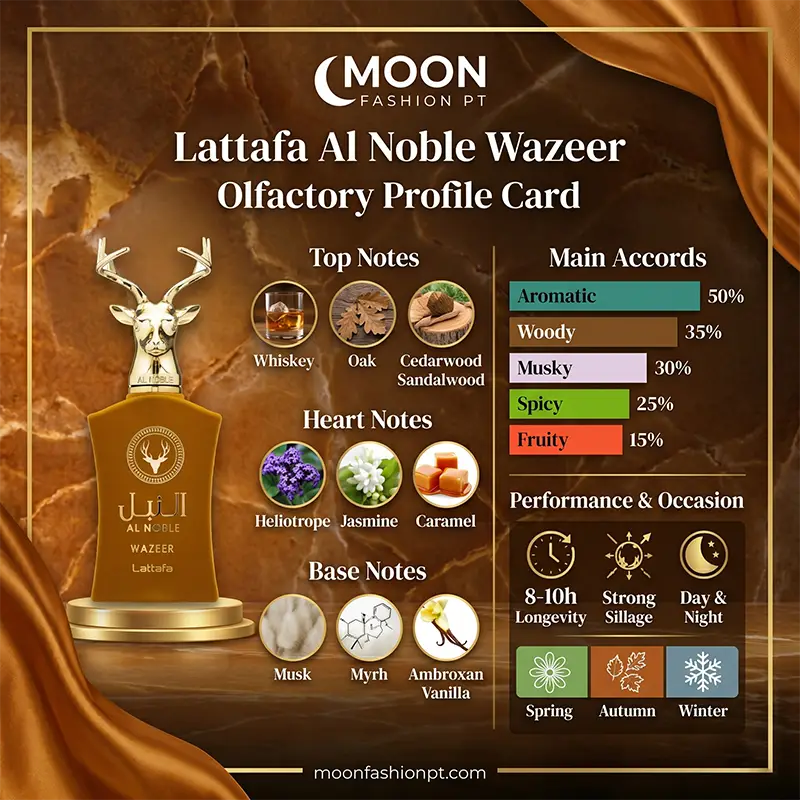 Fragrance pyramid showing top notes of whiskey and oak with main accords of aromatic and woody scents.