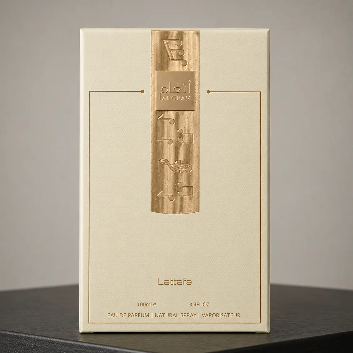 Front view of the embossed Lattafa Angham luxury packaging box highlighting authentic brand details.