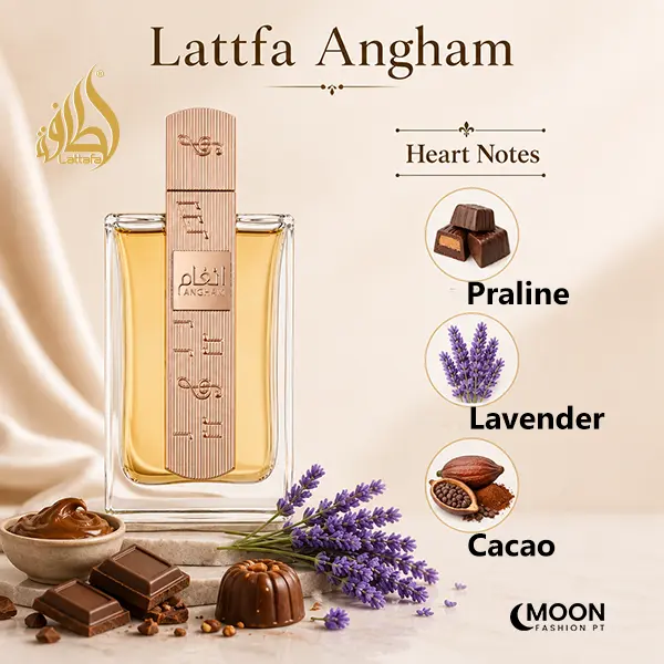 Heart notes composition of Lattafa Angham featuring sweet praline, lavender, and rich cacao accords.