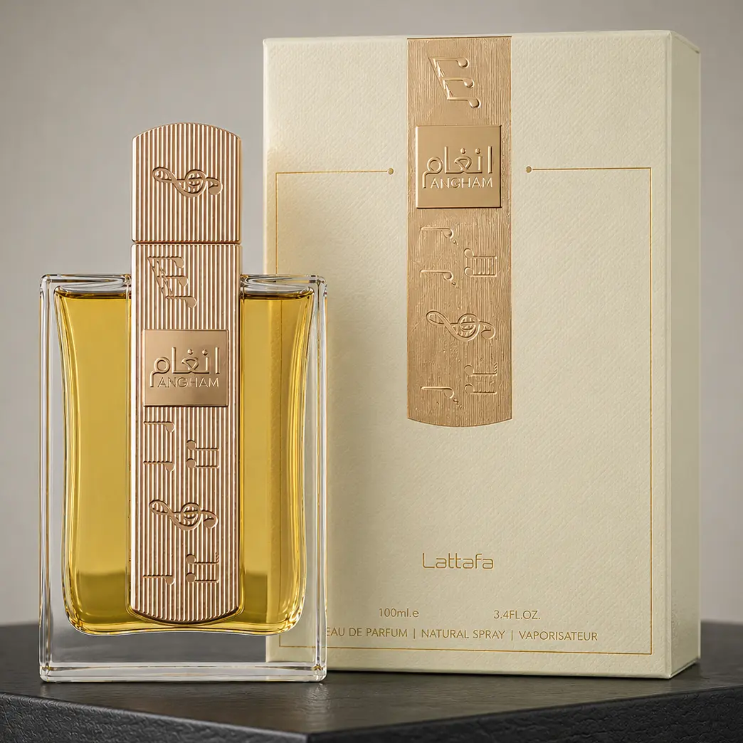 Front view showcasing the Lattafa Angham original luxury perfume bottle and its premium European style box.