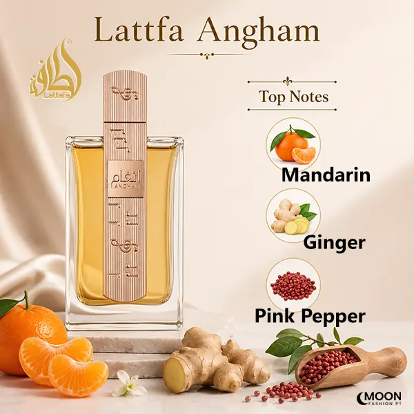 Olfactory profile graphic displaying the vibrant top notes of mandarin, ginger, and pink pepper in Lattafa Angham.